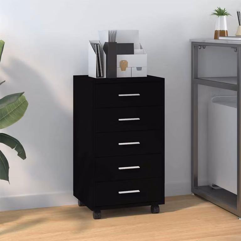 Cassettiera con ruote vidaXL in legno multistrato e metallo, colore nero opaco, design moderno per casa o ufficio