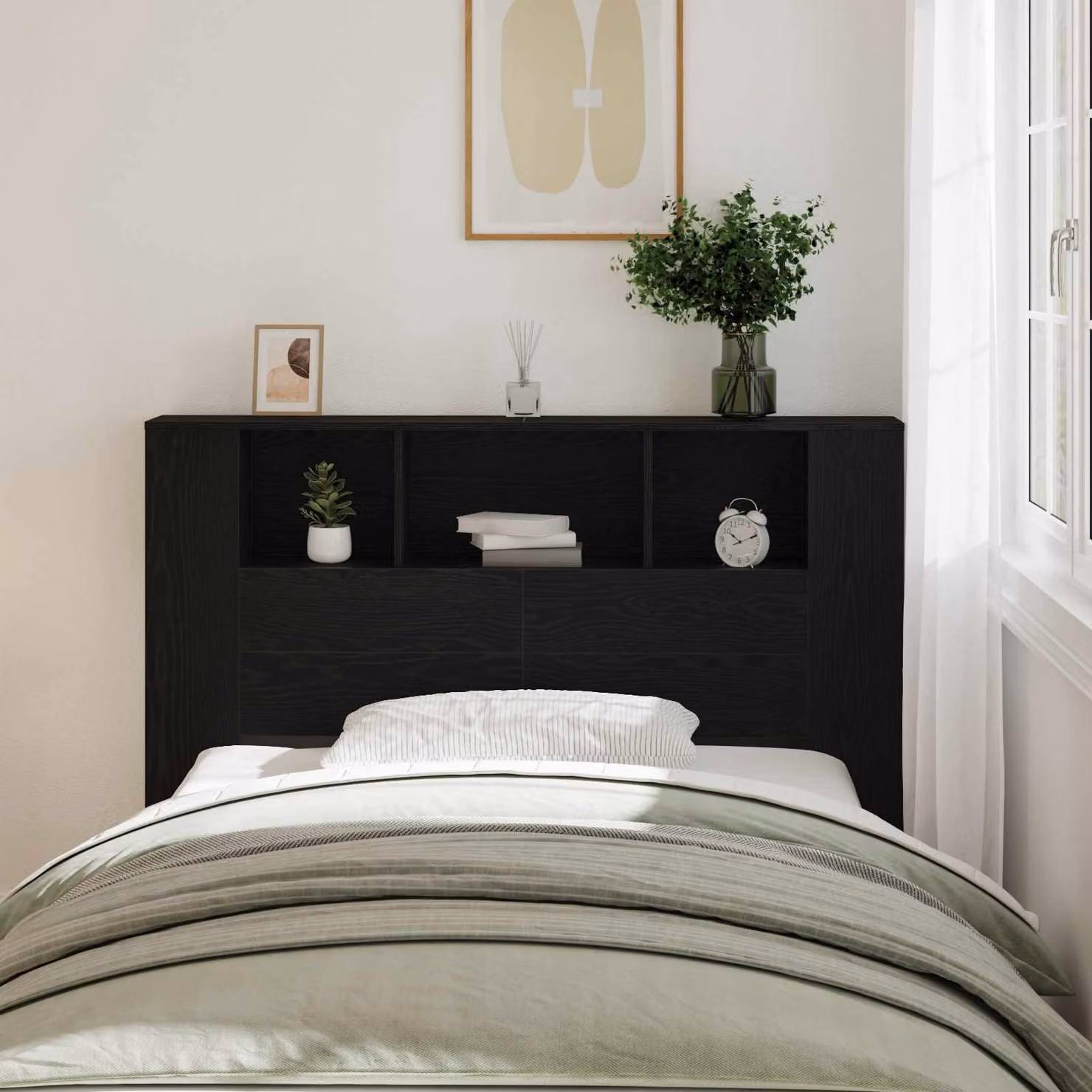 Testata del letto moderna vidaXL in legno ingegnerizzato nero con ripiano integrato L: 140 cm, H: 102,5 cm, P: 21,2 cm