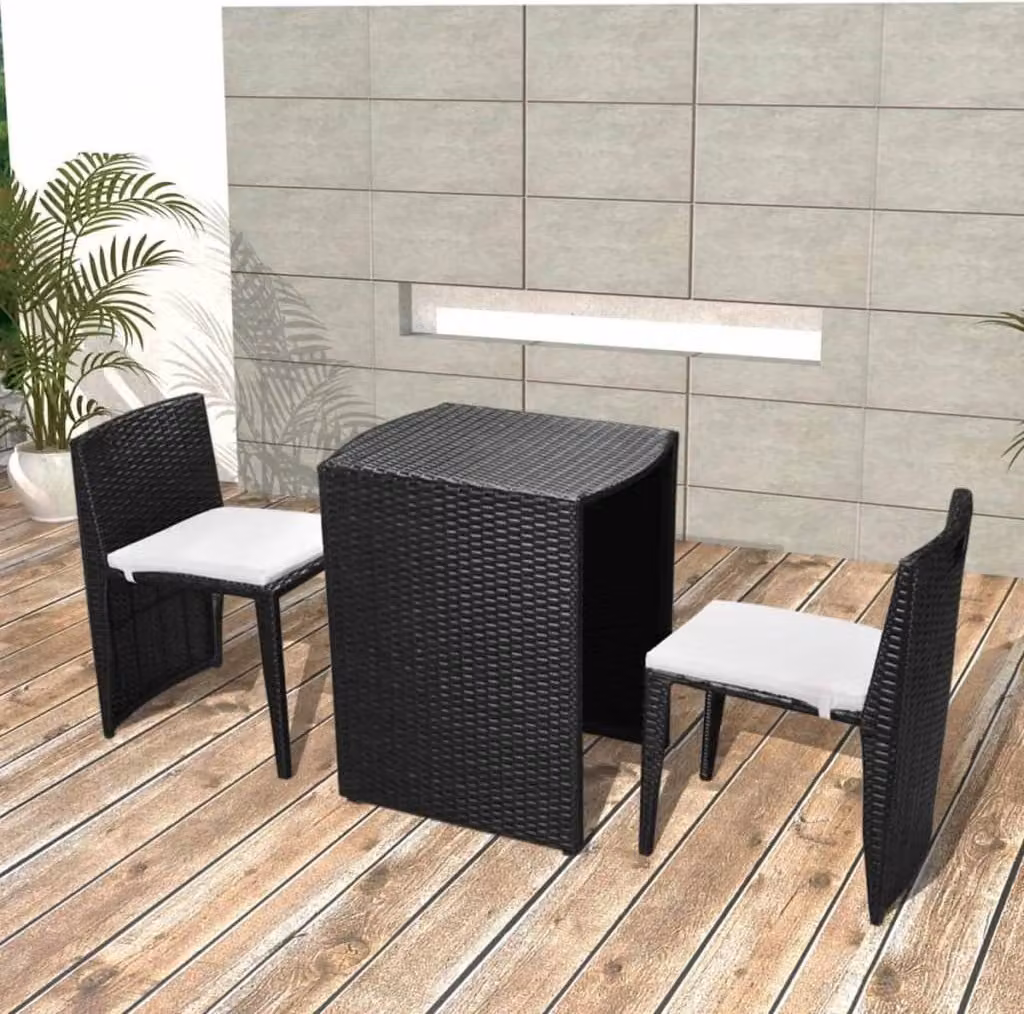 The Living Store Set bistrot 3 pezzi con cuscini in poly rattan nero