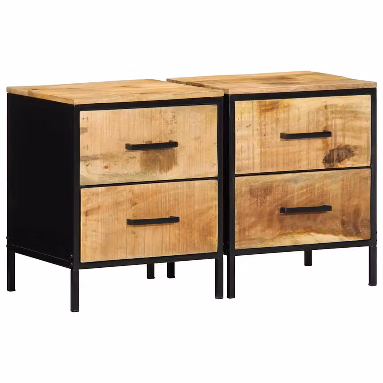 Set di 2 Armadi da Notte vidaXL in Legno di Mango e Metallo, Stile Rustico, Marrone e Nero, L 40 cm x P 35 cm x H 50 cm