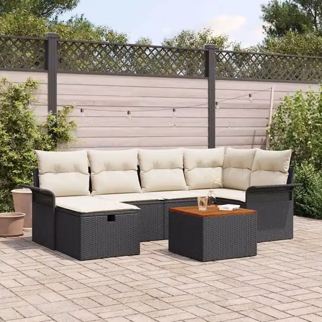Set Divano da Giardino a L vidaXL Nero con Cuscini e Tavolino da Esterno – 1