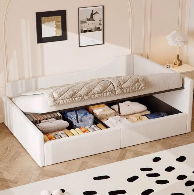 Letto da giorno ULEVR 140x200 cm con vano contenitore, schienale e bracciolo imbottiti, beige