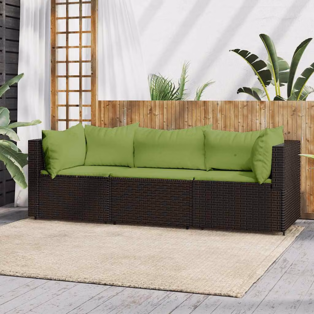 Set Mobili da Giardino vidaXL 3 Pezzi in Polyrattan Marrone e Verde con Cuscini e Struttura in Acciaio Verniciato a Polvere