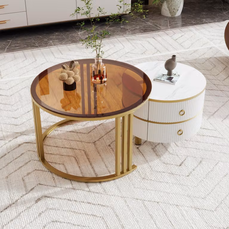Okwish Tavolino rotondo 2 in 1 in MDF, tavolino 70x70x45 + 50x50x40 cm con vetro temperato, tavolino con 2 cassetti, bianco/marrone