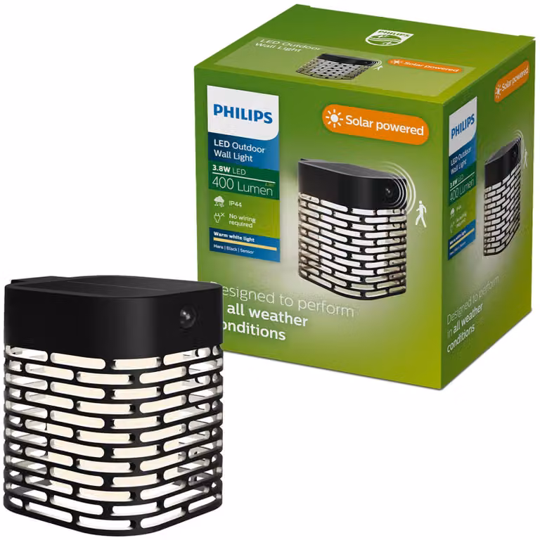 Philips Lampade da parete Hara, 3,8 W, Nero, Plastica, III, Stile contemporaneo, Garage, Giardino, Terrazza, Rilevatore di movimento, Sensore giorno/notte