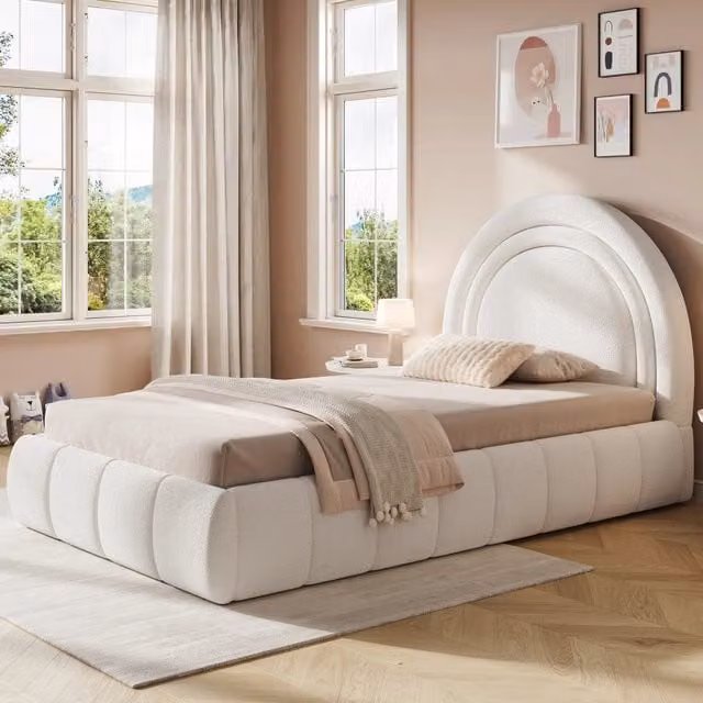 Letto contenitore singolo 90x200 cm per bambini; con contenitore idraulico; rete a doghe; testiera capitonné; bouclé; beige
