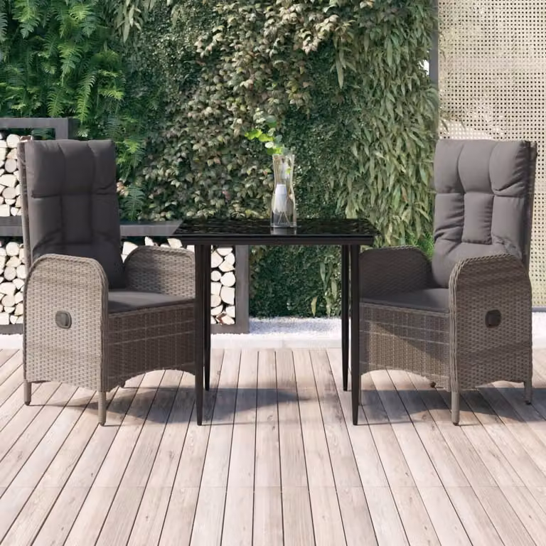 set da pranzo da giardino 3 pezzi con cuscini in poly rattan nero e grigio