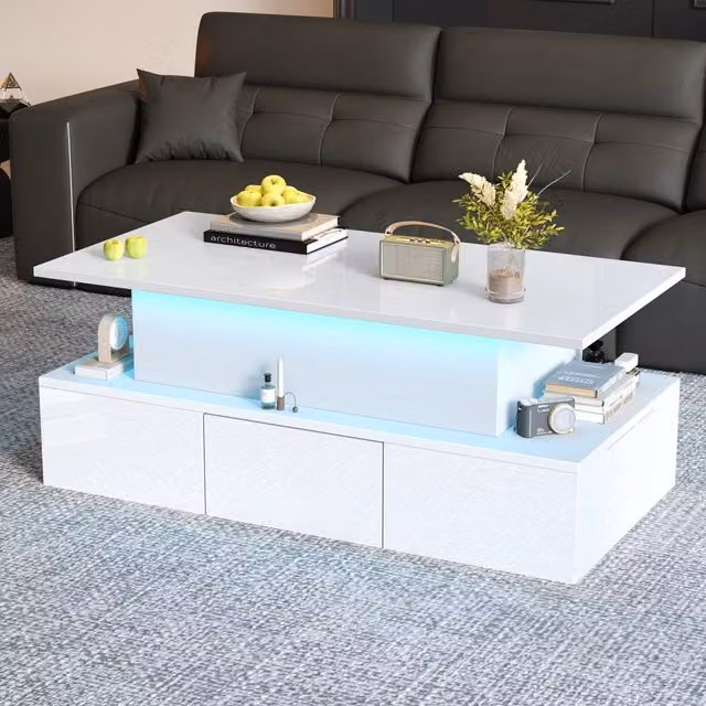 Tavolino da salotto elevabile WISHDOR bianco con finitura lucida in MDF
