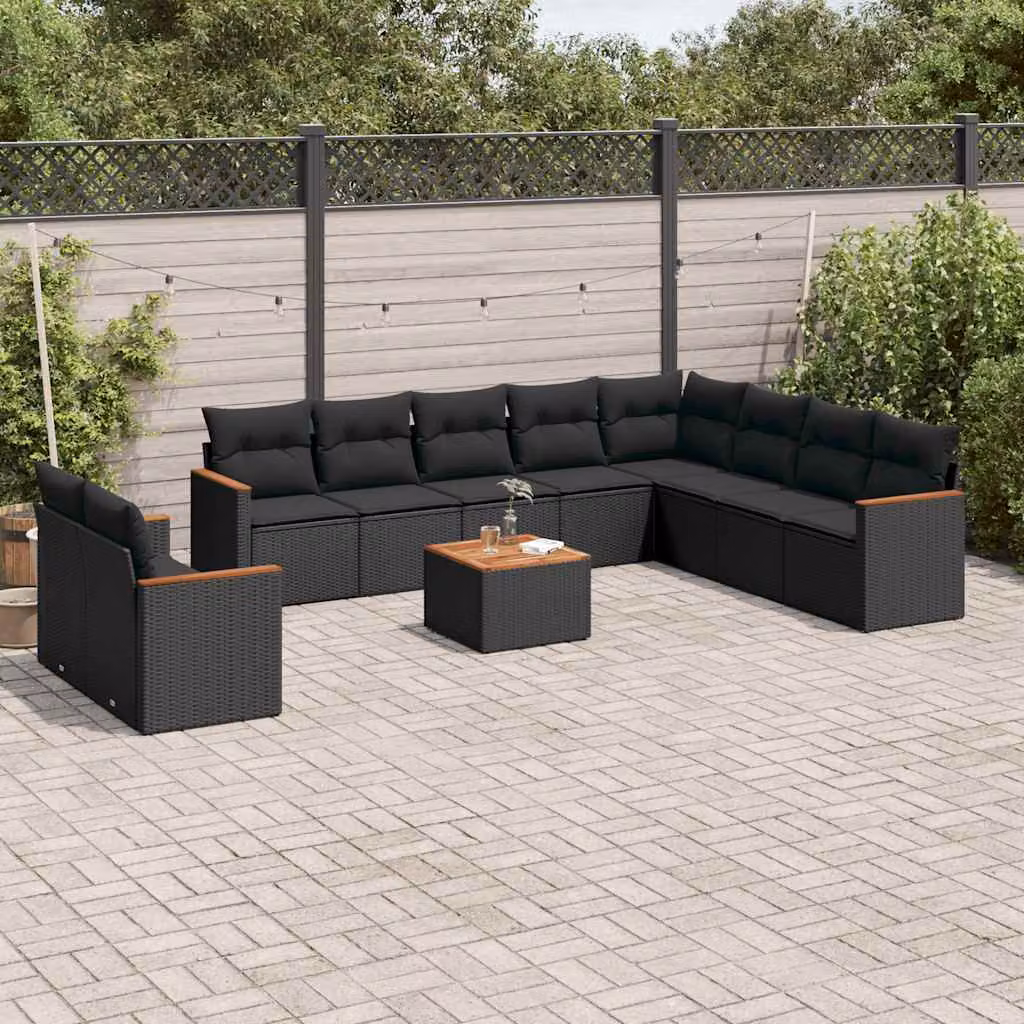 vidaXL Set Divani da Giardino 11 pz in Polyrattan Nero con Cuscini e Tavolino da Caffè – 1