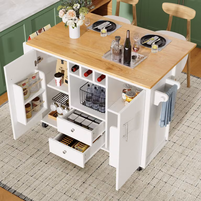 Isola da cucina STILVORA con ruote, mobile da cucina multifunzionale con portasciugamani, ripiano per spezie e scaffale per vino, carrello da cucina con piano di lavoro pieghevole, bianco