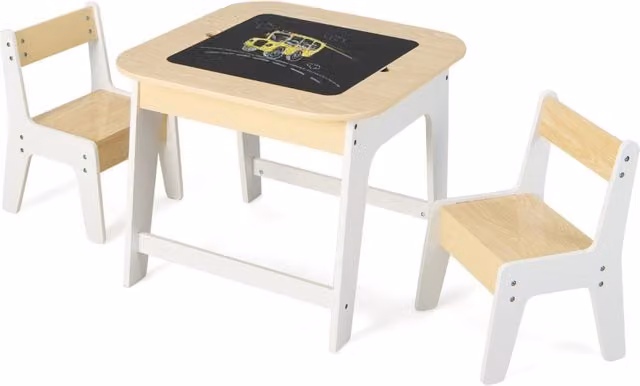 Set tavolo e 2 sedie ergonomiche per bambini Design Mania con piano lavagna reversibile e vano nascosto, Bianco e Beige