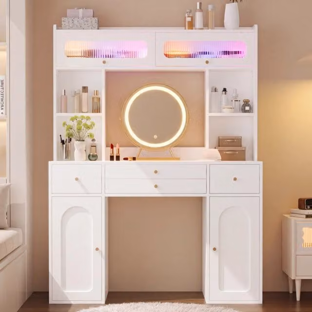 Scrivania per trucco con LED ¨C Minimal ¨C Bianca 120x40x160 cm, 4 cassetti, ripiani, 2 ante in vetro