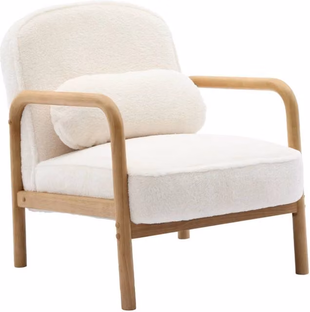 Poltrona lounge scandinava Sweeek in tessuto boucle beige con struttura in legno
