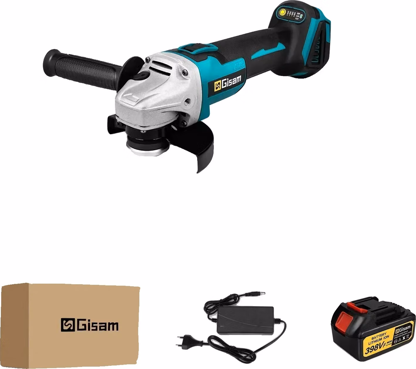 Smerigliatrice angolare elettrica Gisam, motore brushless, velocità 10000 giri/min, 1 set di batterie