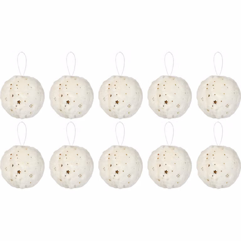 Set di 10 Palle di Natale VESTIAMO CASA con Effetto Peluche, Colore Bianco e Oro con Decorazioni a Stelle, Diametro: 6 cm