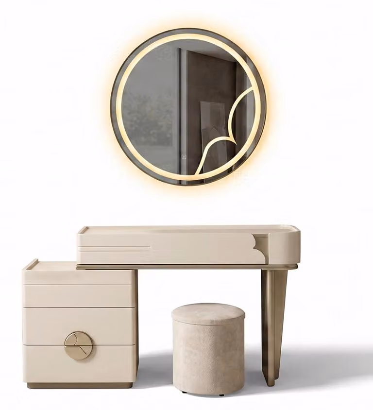 Comò da trucco con specchio, color beige, stile moderno, finiture di alta qualità