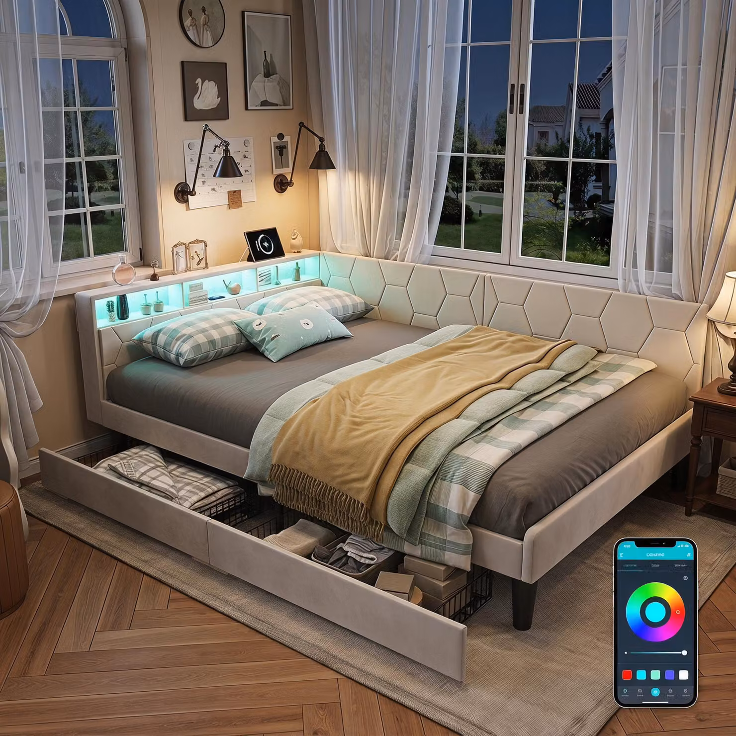 Letto imbottito INONEFT 140x200 cm con LED e USB, divano letto multifunzione con rete a doghe/vano contenitore, letto matrimoniale con contenitore e 2 cassetti, rivestito in velluto, color beige