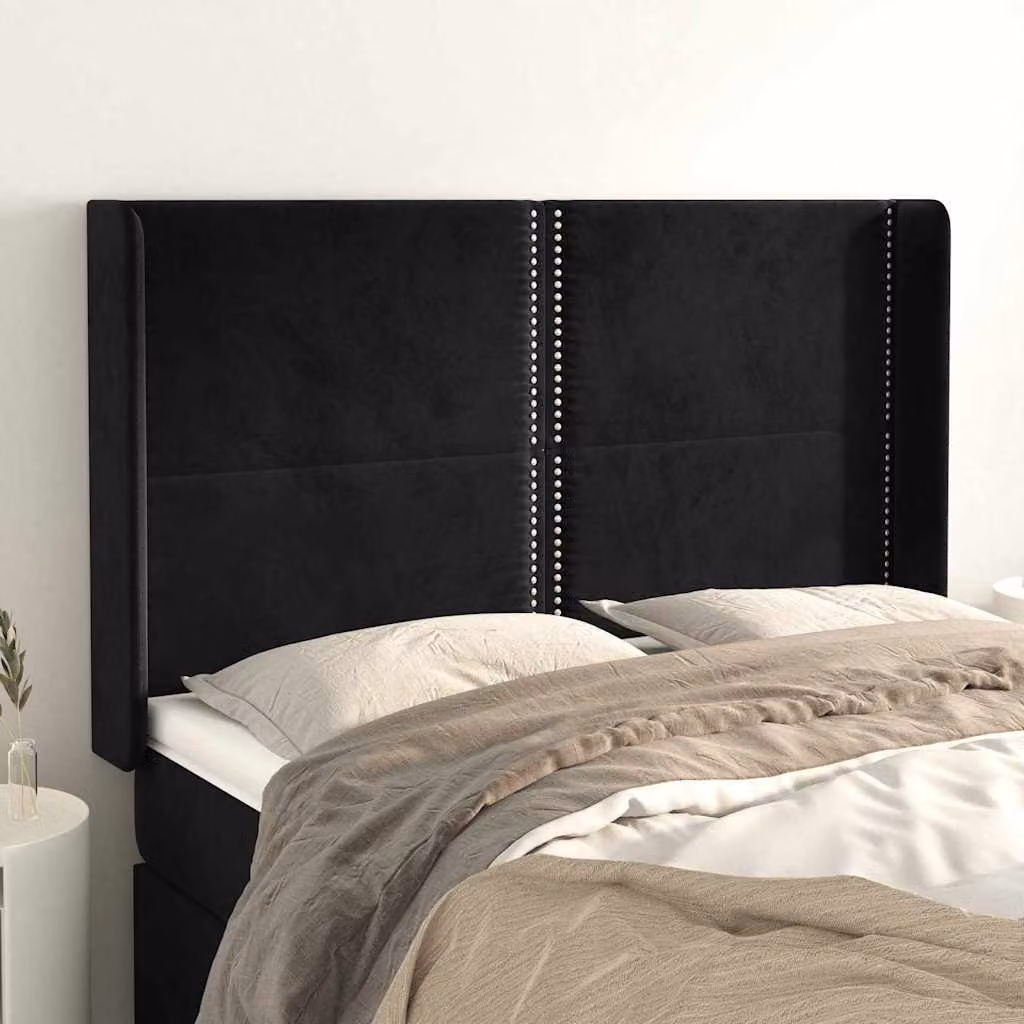 Testiera per letto vidaXL in velluto nero con design ad orecchio, L: 147 cm, P: 16 cm, H: 118-128 cm