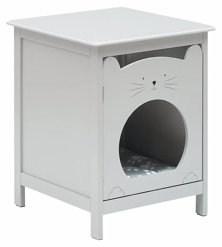 Comodino con cuccia per gatti - Tavolino - Cuccia integrata - Tappetino morbido incluso - Per soggiorno e camera da letto - Grigio chiaro