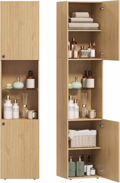 Armadietto Bagno Alto 6 Ripiani 2 Ante Vetro Temperato Regolabili ¨C Minimal ¨C 40x31x182 Robe