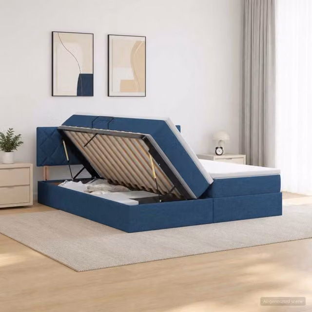 Letto con contenitore e testiera vidaXL in ecopelle e tessuto, Blu e Bianco, L: 180 cm, P: 204 cm, H: 88 cm – 1