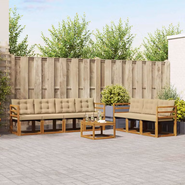 Set di divani da esterno vidaXL a forma di L composto da 8 pezzi in legno di acacia trattato e tessuto textilene, colore marrone e beige