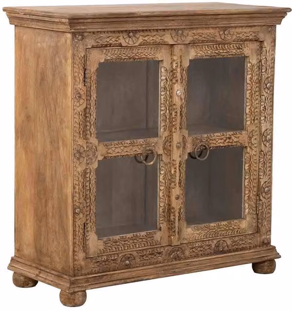 Credenza etnica in legno di mango Wanderlust Deco con ante in vetro e decorazioni floreali, colore marrone, L: 97 cm, P: 43 cm, H: 100 cm