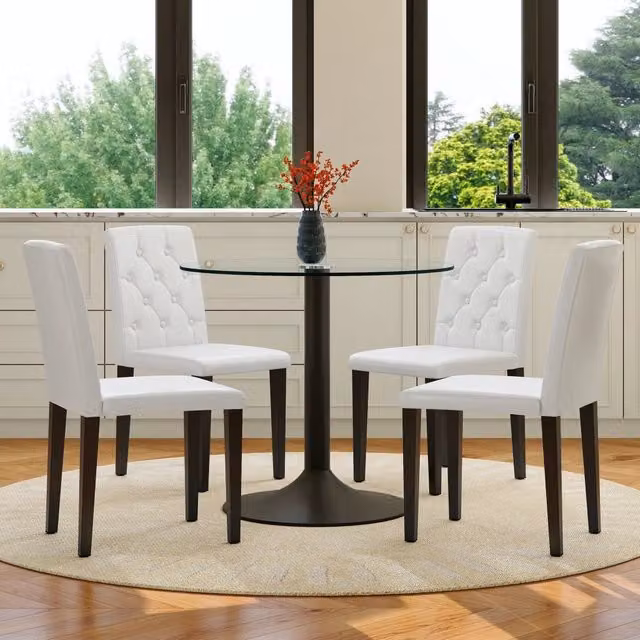 Set tavolo da pranzo Mivray con piano in vetro trasparente e 4 sedie in similpelle bianca e base in metallo nero