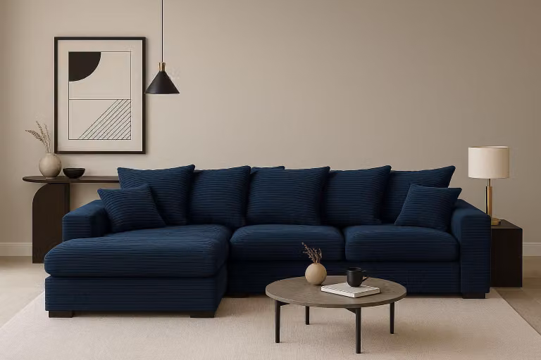 Kaiser Möbel Divano ad angolo con funzione letto e box letto, Divano a L, Divano a L in tessuto Gabon Zoom Blu Ottomana sinistra