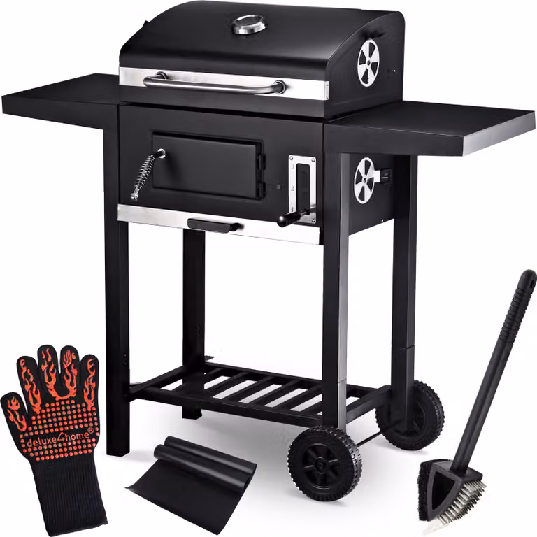 deluxe4home® Carrello per barbecue XXL barbecue a carbonella con coperchio I Barbecue arrotolabile con ripiano laterale I incl. guanto per barbecue I Supporto per barbecue arrotolabile barbecue
