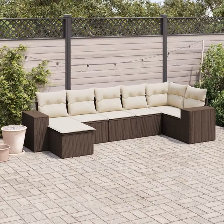 vidaXL Set Divani da Giardino 7 pz a Forma a L con Cuscini Marrone e Bianco in Polyrattan e Acciaio