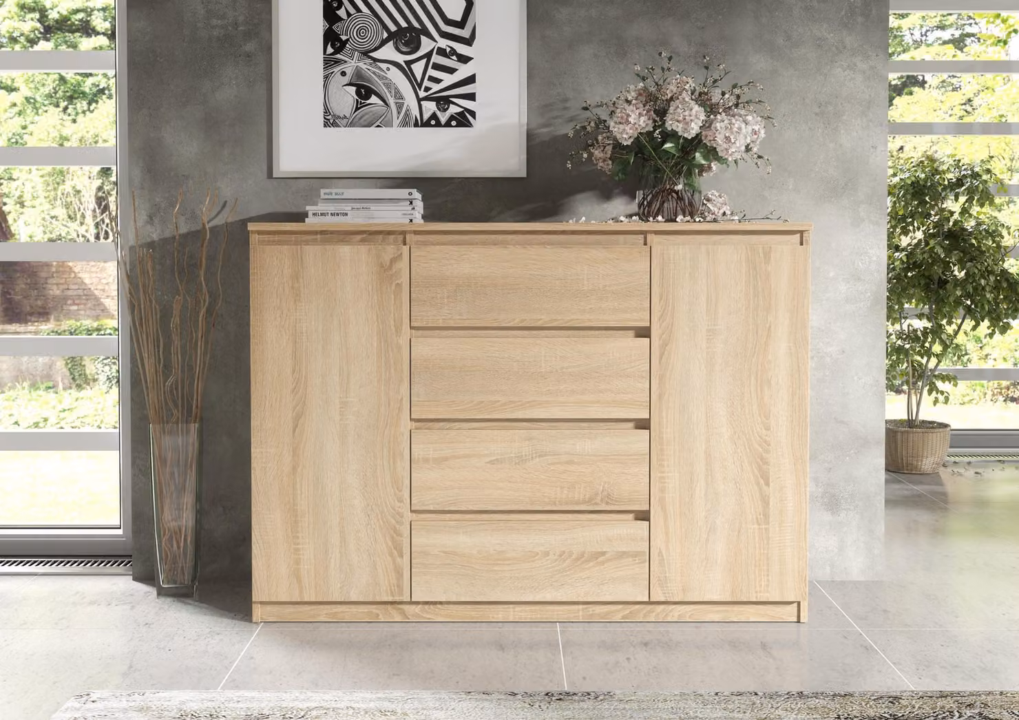 Comodino moderno, 120 cm, con 2 ante e 4 cassetti