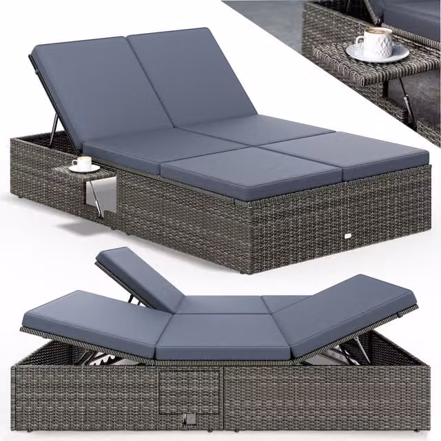 Lettino prendisole Casaria in polyrattan grigio antracite con poggiatesta regolabile e vassoio laterale L/P/H: 220 x 115 x 33 cm – 1