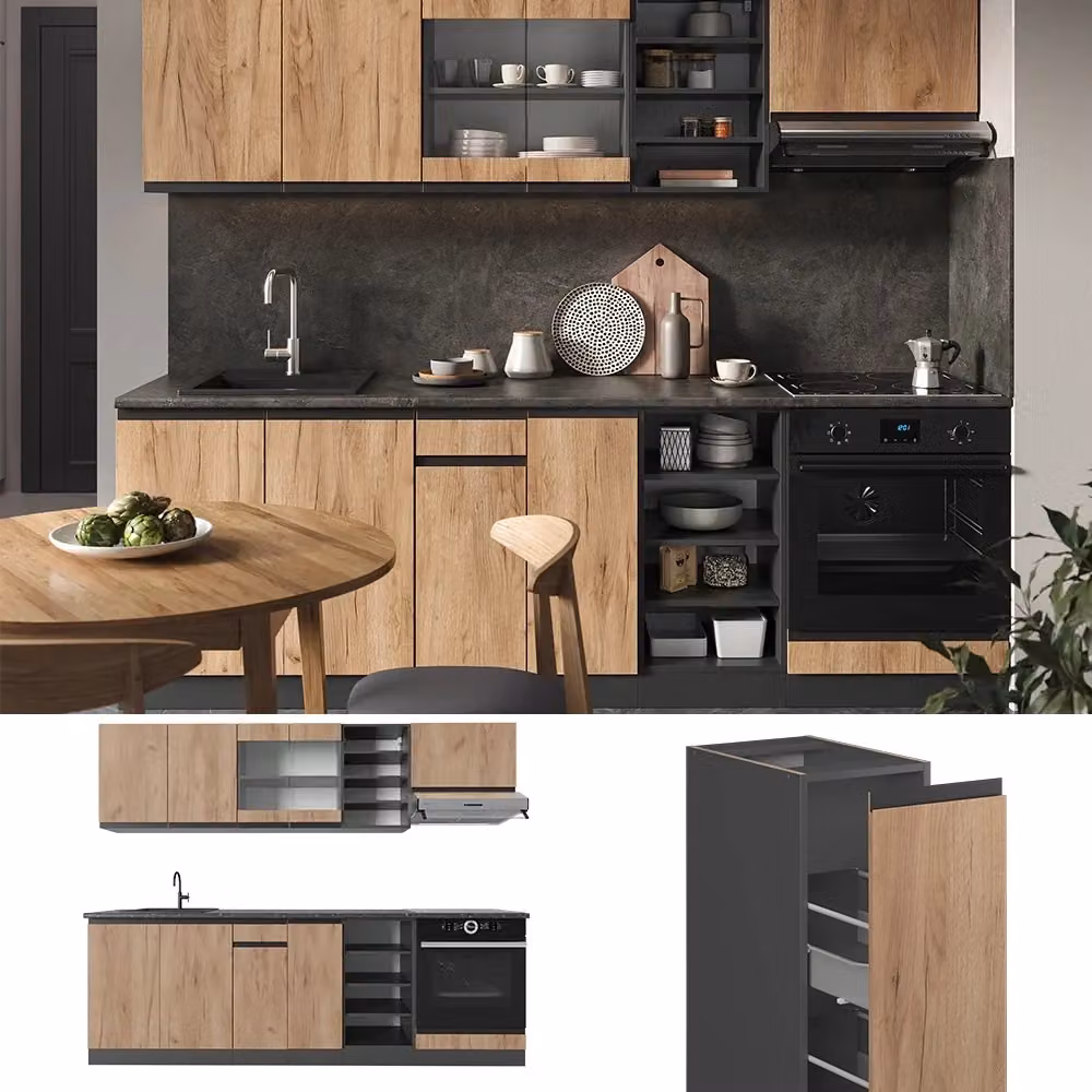 Cucina componibile moderna Vicco R-Line J-Shape in Rovere dorato e Antracite, L: 240 cm – 2