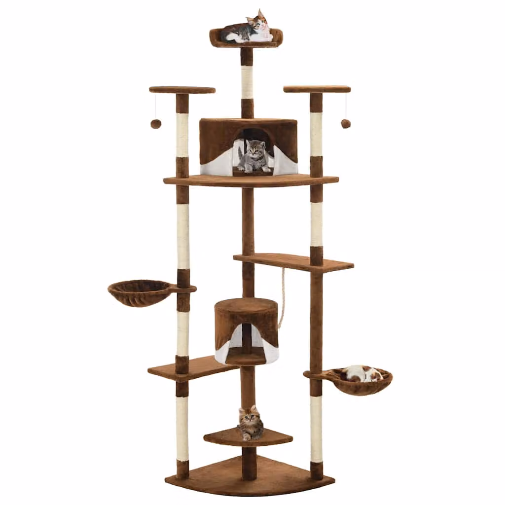 Albero per gatti e tiragraffi vidaXL con cave e giocattoli integrati, marrone e bianco, Altezza: 203 cm