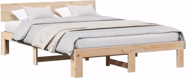 Letto matrimoniale moderno in pino massello color naturale con doghe fisse L/P/H: 209 x 140 x 66 cm