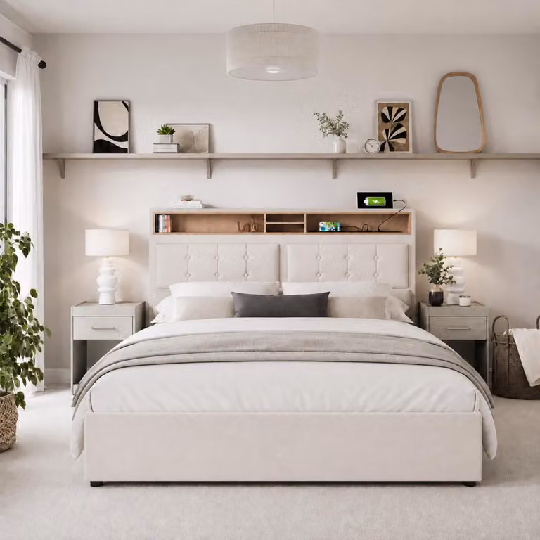 okwish Letto imbottito 140 x 200 cm, letto matrimoniale con 4 cassetti e presa USB-C, testiera regolabile in altezza, rete in legno (materasso non incluso)