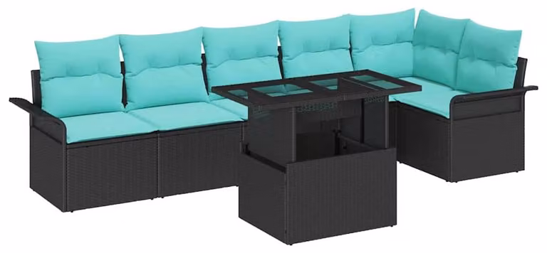 Set Divano da Giardino con cuscino 7 pcs Nero Poly Rattan