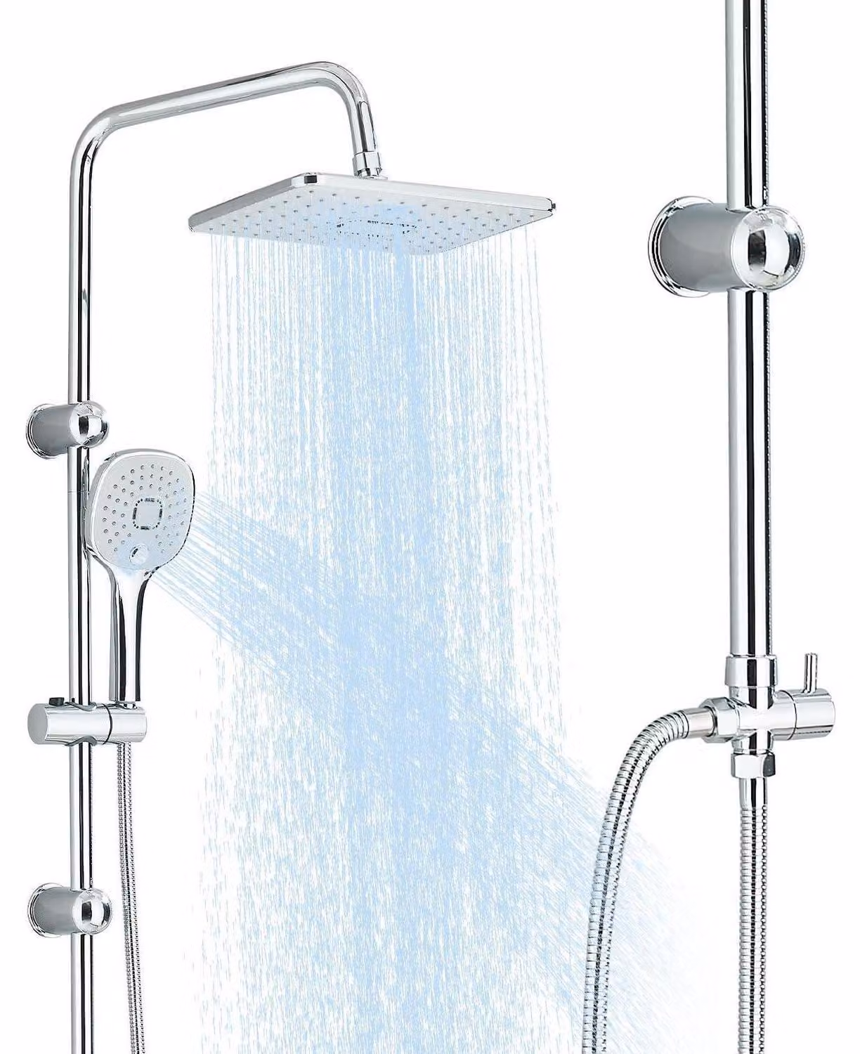 Set doccia in acciaio inossidabile cromato, sistema doccia senza miscelatore, soffione quadrato 30x20 cm, altezza 99 cm