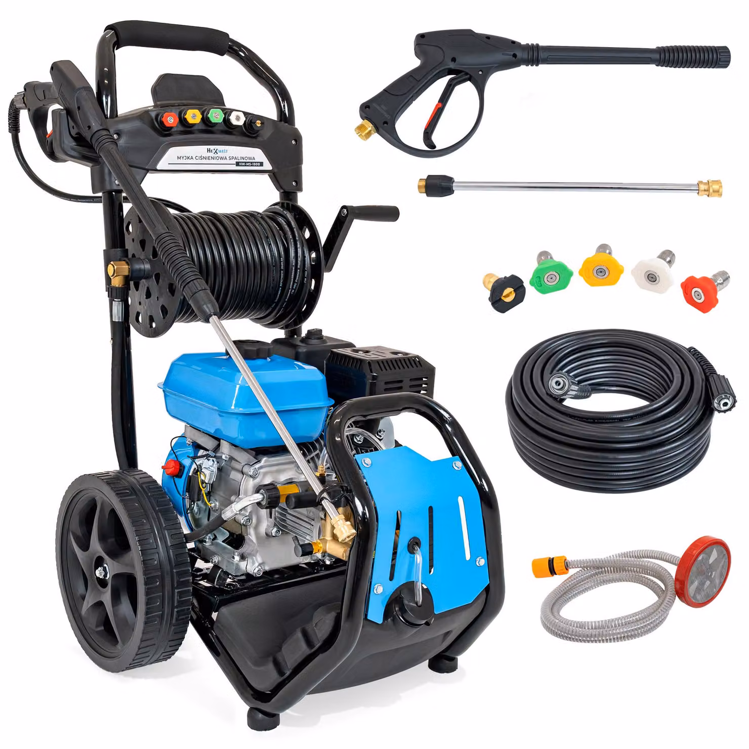 Idropulitrice a benzina - Hexwelt - 180 Bar motore OHV 7 HP tubo da 20 m 5 ugelli serbatoio detergente HW-MS-180B