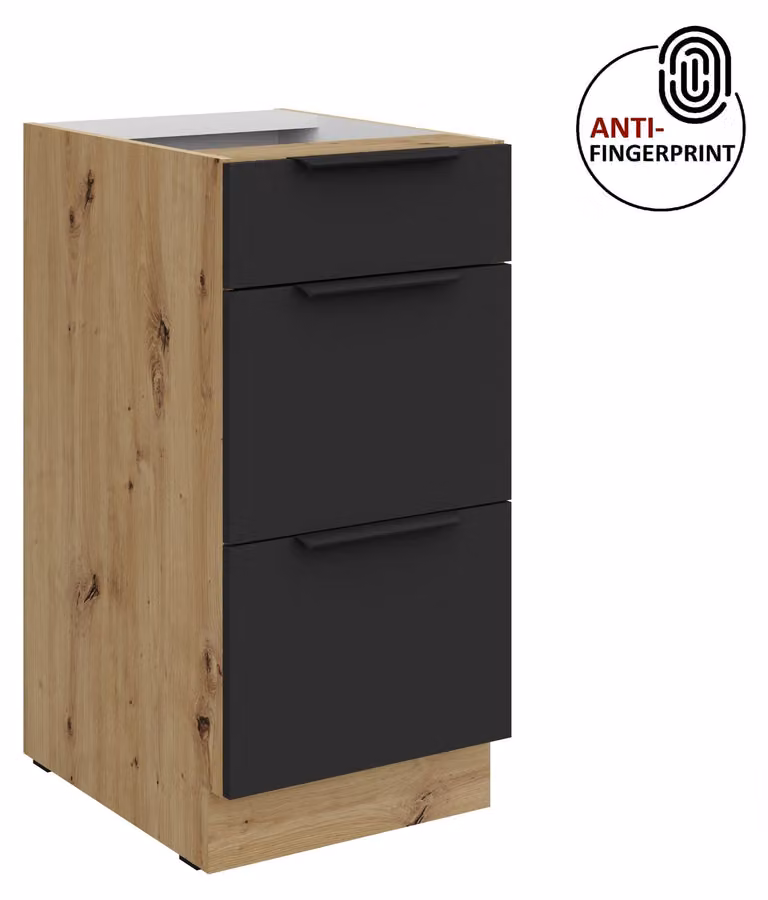 Mobile base da cucina da 40 cm, cucina ARIA nero ultra opaco + rovere Artisan opaco, frontali di alta qualità con rivestimento anti-impronta, linea cucina con chiusura ammortizzata