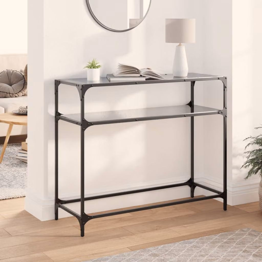 vidaXL Tavolino Consolle Moderno con Piano in Vetro Nero e Struttura in Metallo L: 98 cm, P: 35 cm, H: 81 cm