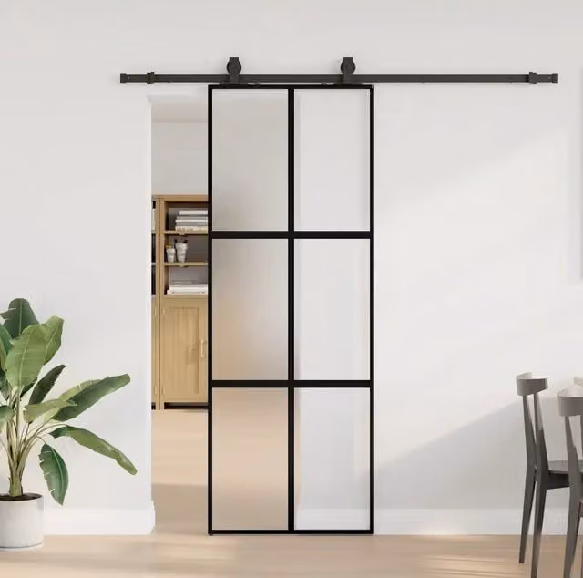 Porta Scorrevole Moderna VIDAXL in Vetro Temperato e Alluminio, Colore Nero, L: 76 cm, H: 205 cm