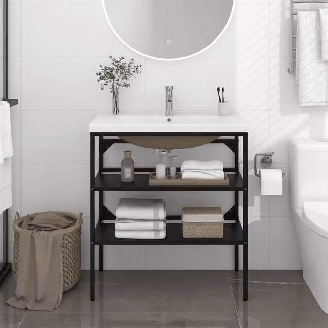 Lavabo da Bagno Moderno vidaXL in Metallo e Ceramica Nero e Bianco L/P/H: 83 x 38 x 81 cm – 1