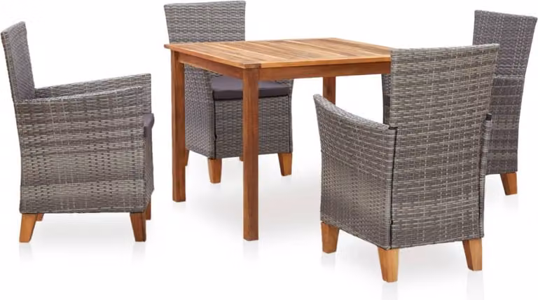 The Living Store Set da pranzo da giardino 5 pezzi in poly rattan e legno massiccio grigio acacia