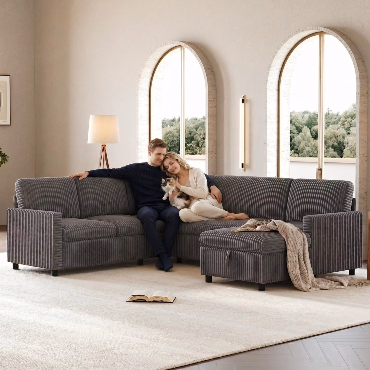 Divano letto a L Merax a 5 posti con funzione letto, divano angolare estraibile con vano portaoggetti, salotto componibile con chaise longue, divano in velluto a coste, divano, grigio