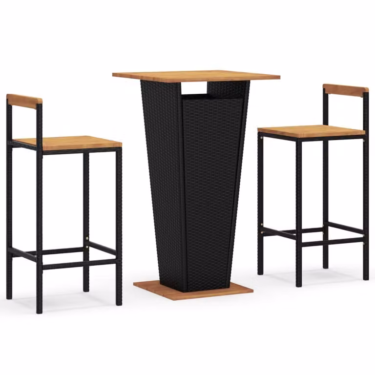 Set Bar Giardino 3 pz Nero Polyrattan e Legno Massello Acacia