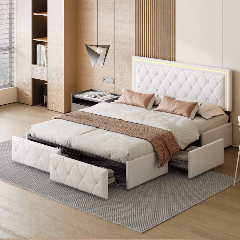 letto da 160 x 200 cm con illuminazione a LED, testata regolabile, letto imbottito con 4 cassetti e vano contenitore, bianco