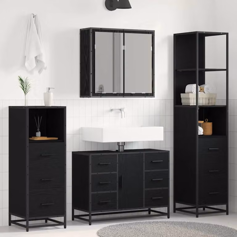 Set di mobili per il bagno moderno vidaXL 4 pezzi in rovere e nero con illuminazione LED e specchio