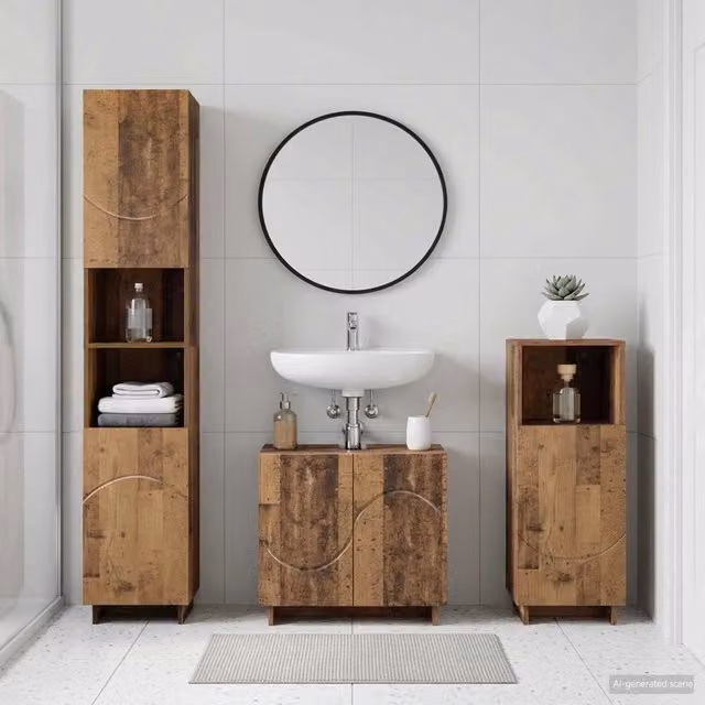 Set di mobili da bagno moderno vidaXL in legno marrone composto da 3 pezzi con base lavabo, colonna alta e pensile